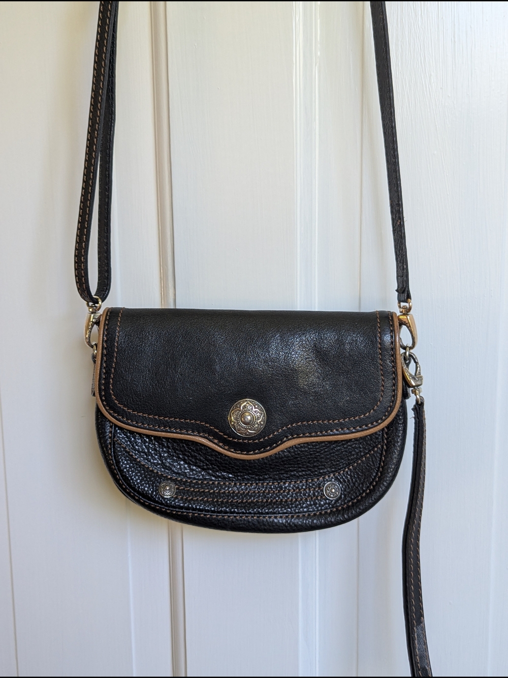 Black Brighton Small Leather Crossbody Bag with Contrast Trim